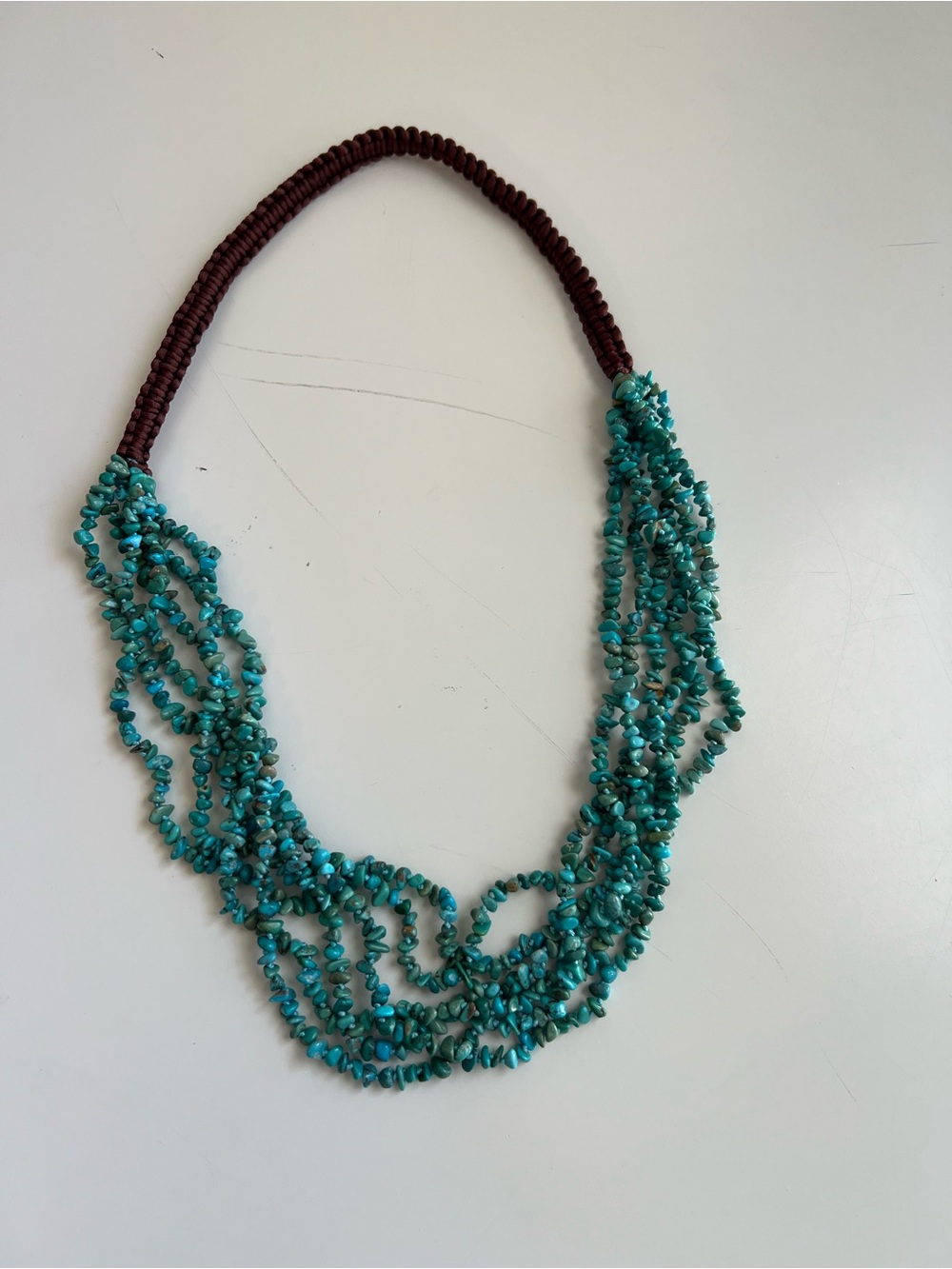Turquoise Multi-Strand Chip Necklace with Brown Cord